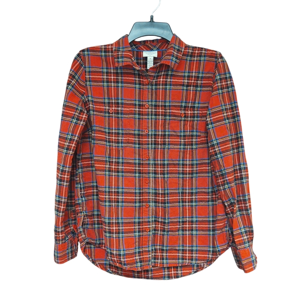 EUC St. John's Bay Women's Red Plaid Lightweight Flannel Shirt Size M